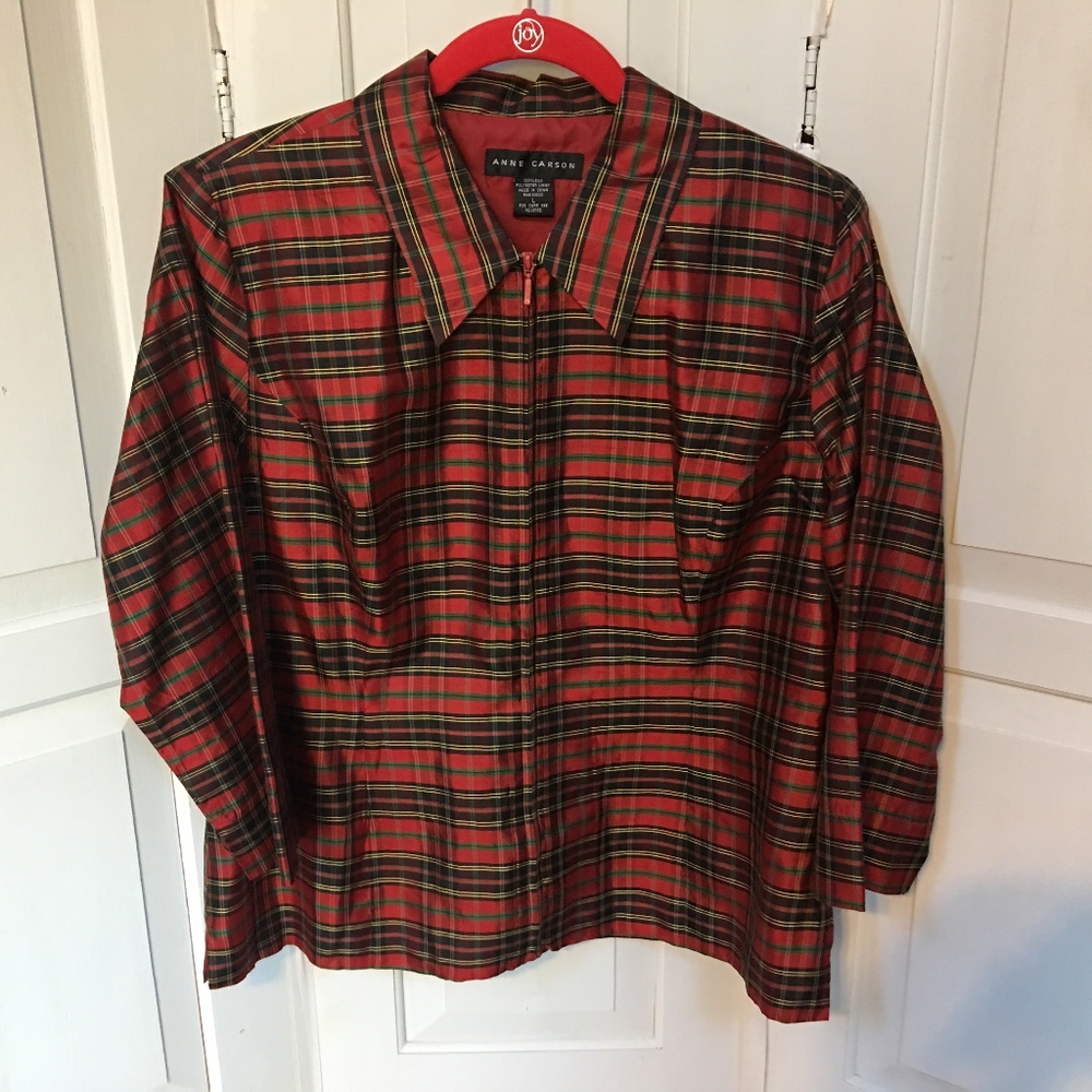 Anne Carson Holiday Plaid Silk Zip Jacket L